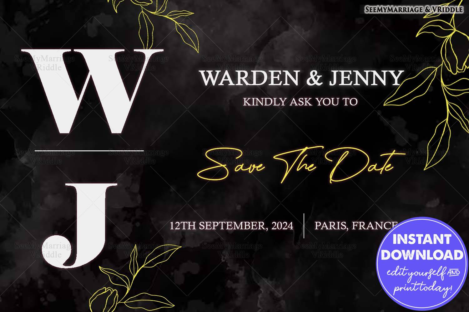 Modern Black and Gold Save the Date Invitation with Minimalist Botanical Accents