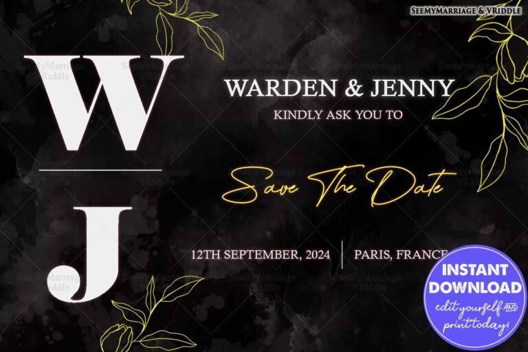 Modern Black and Gold Save the Date Invitation with Minimalist Botanical Accents