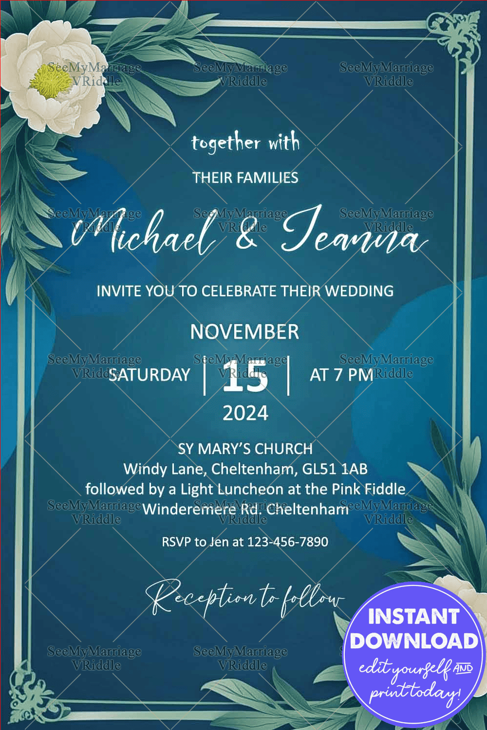 Modern Blue Wedding Invitation with White Peonies and Elegant Greenery Accents