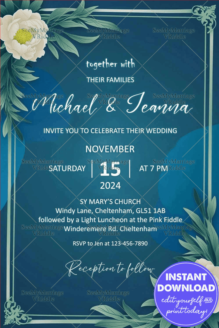 Modern Blue Wedding Invitation with White Peonies and Elegant Greenery Accents