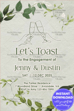 Modern Greenery Engagement Party Invitation with Champagne Toast-Themed Line Art