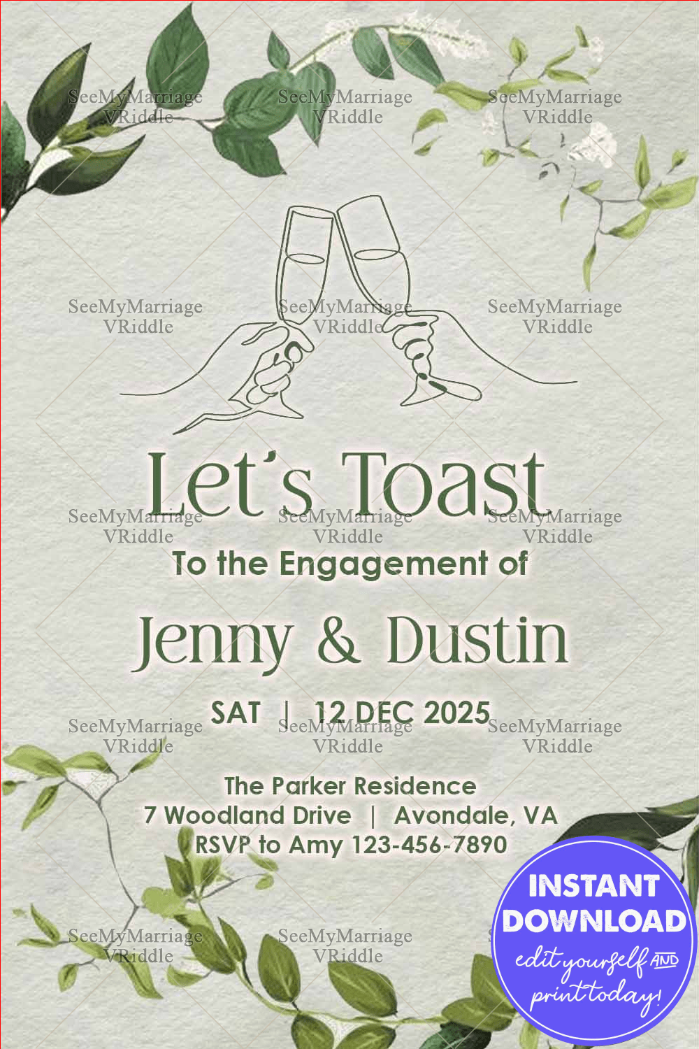 Modern Greenery Engagement Party Invitation with Champagne Toast-Themed Line Art