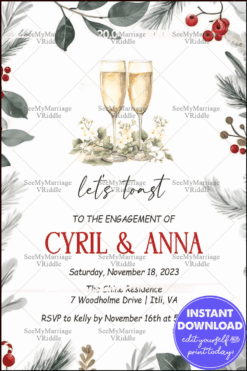 Modern Holiday-Themed Engagement Invitation Featuring Seasonal Decor and Champagne Flutes