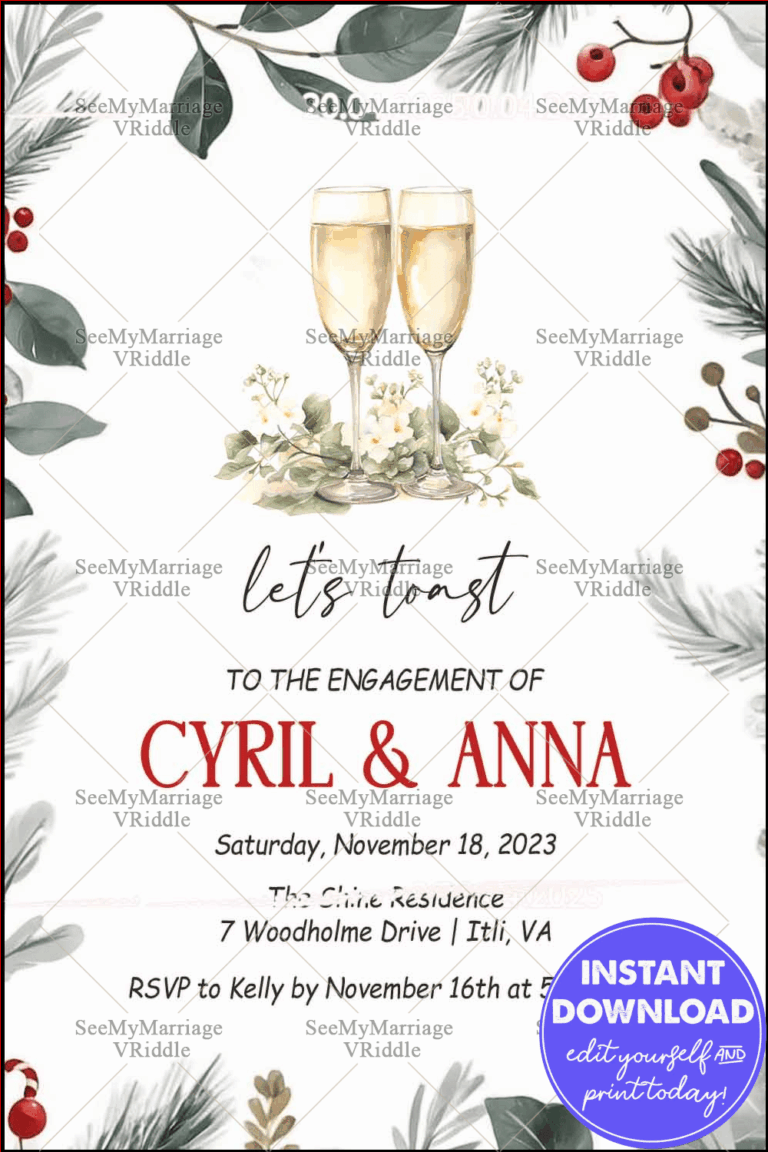 Modern Holiday-Themed Engagement Invitation Featuring Seasonal Decor and Champagne Flutes
