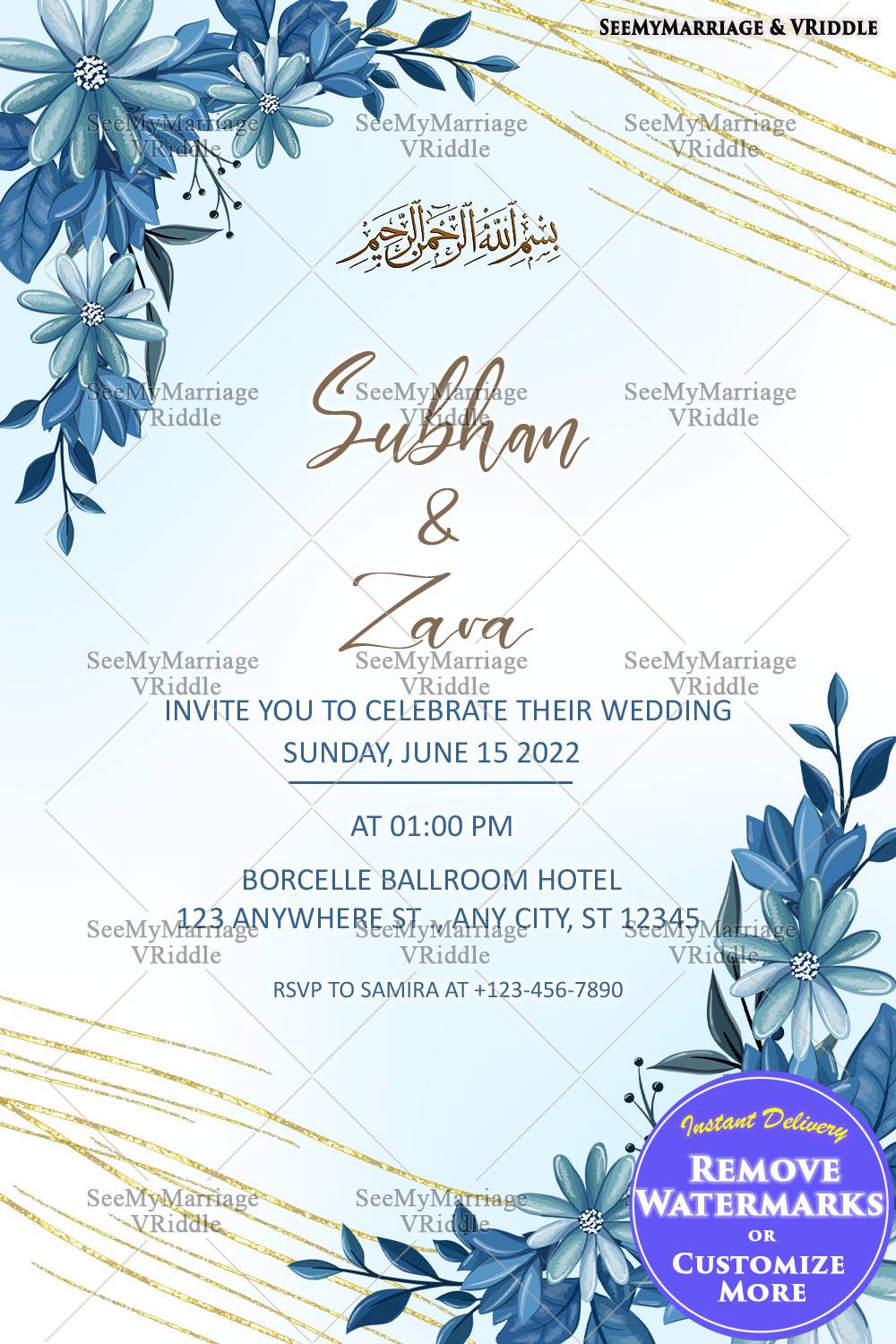 Modern Islamic Wedding Invitation with Blue Flowers and Gold Accents