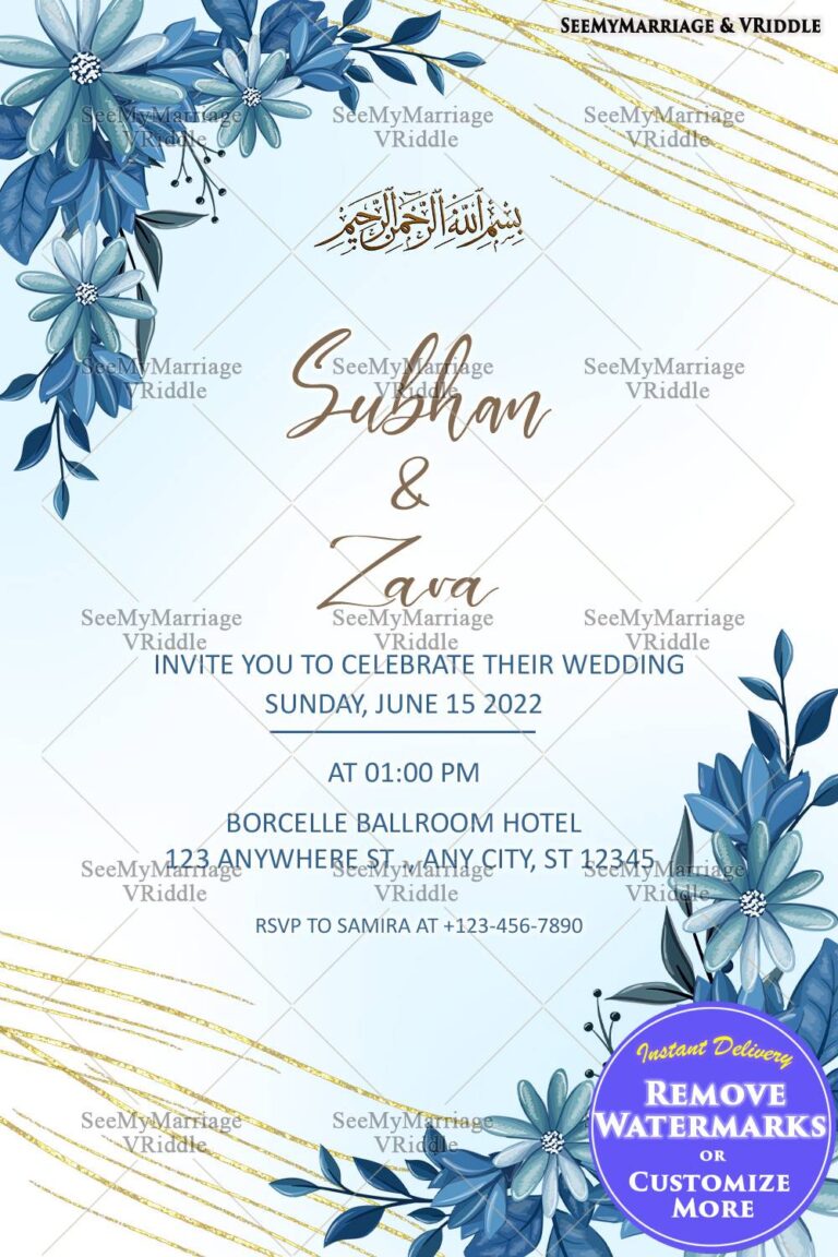Modern Islamic Wedding Invitation with Blue Flowers and Gold Accents
