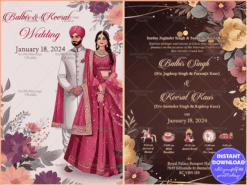 Modern Sikh Wedding Invitation with Floral Details, Traditional Couple Illustration and Event Itinerary