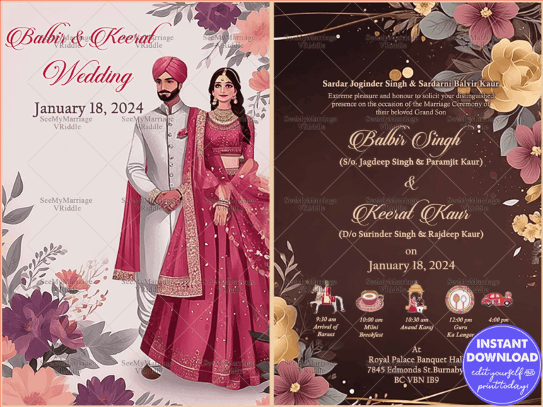 Modern Sikh Wedding Invitation with Floral Details, Traditional Couple Illustration and Event Itinerary
