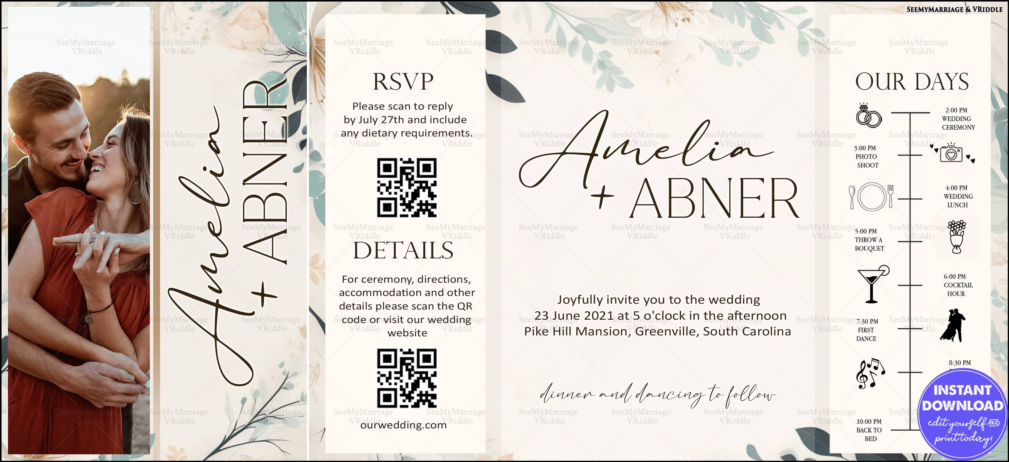 Modern Wedding Invitation Suite with Photo Card, Floral Accents, and Event Timeline on Beige Background