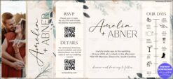 Modern Wedding Invitation Suite with Photo Card, Floral Accents, and Event Timeline on Beige Background
