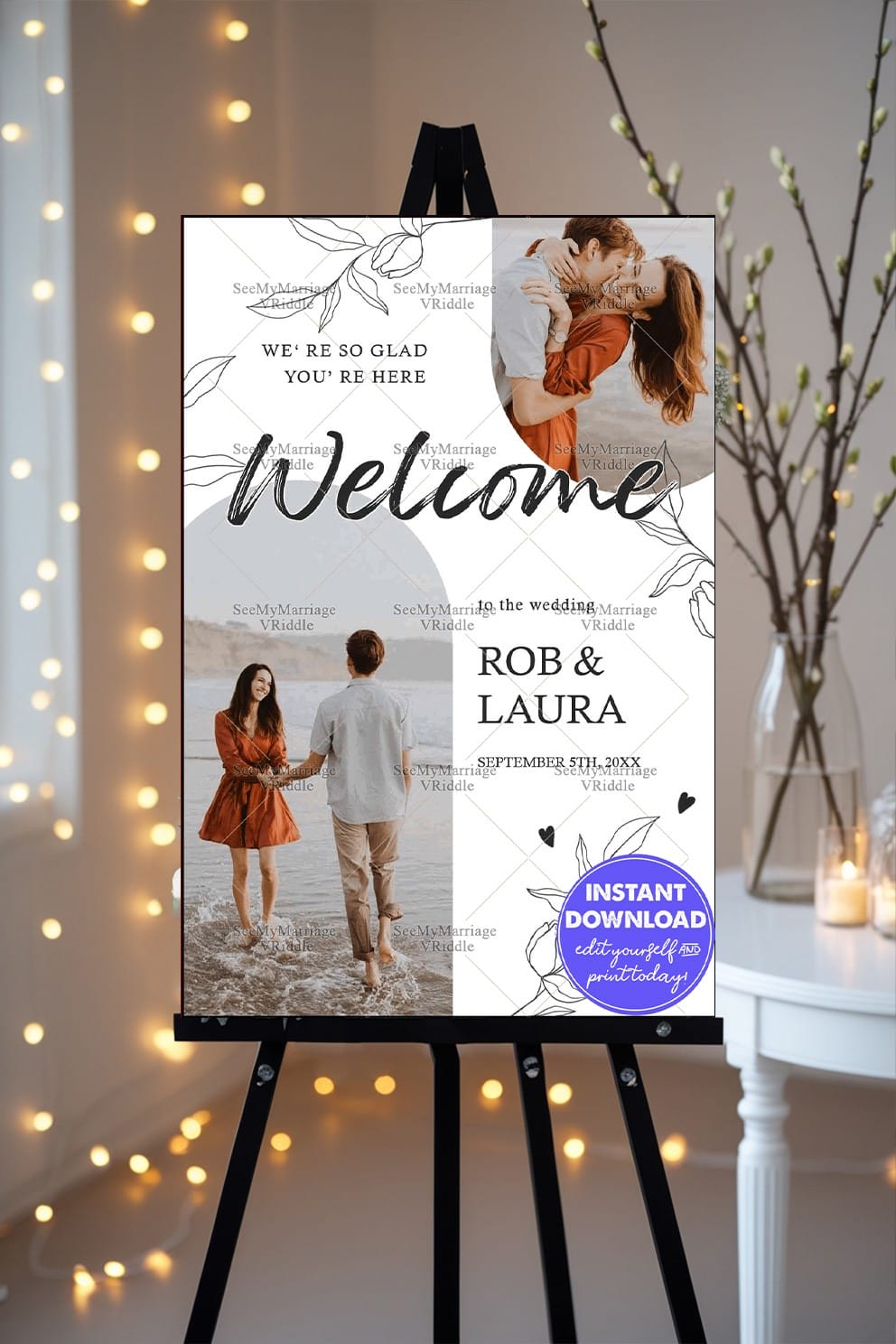 Modern Wedding Welcome Banner with Minimalist Floral Illustrations and Couple Photos