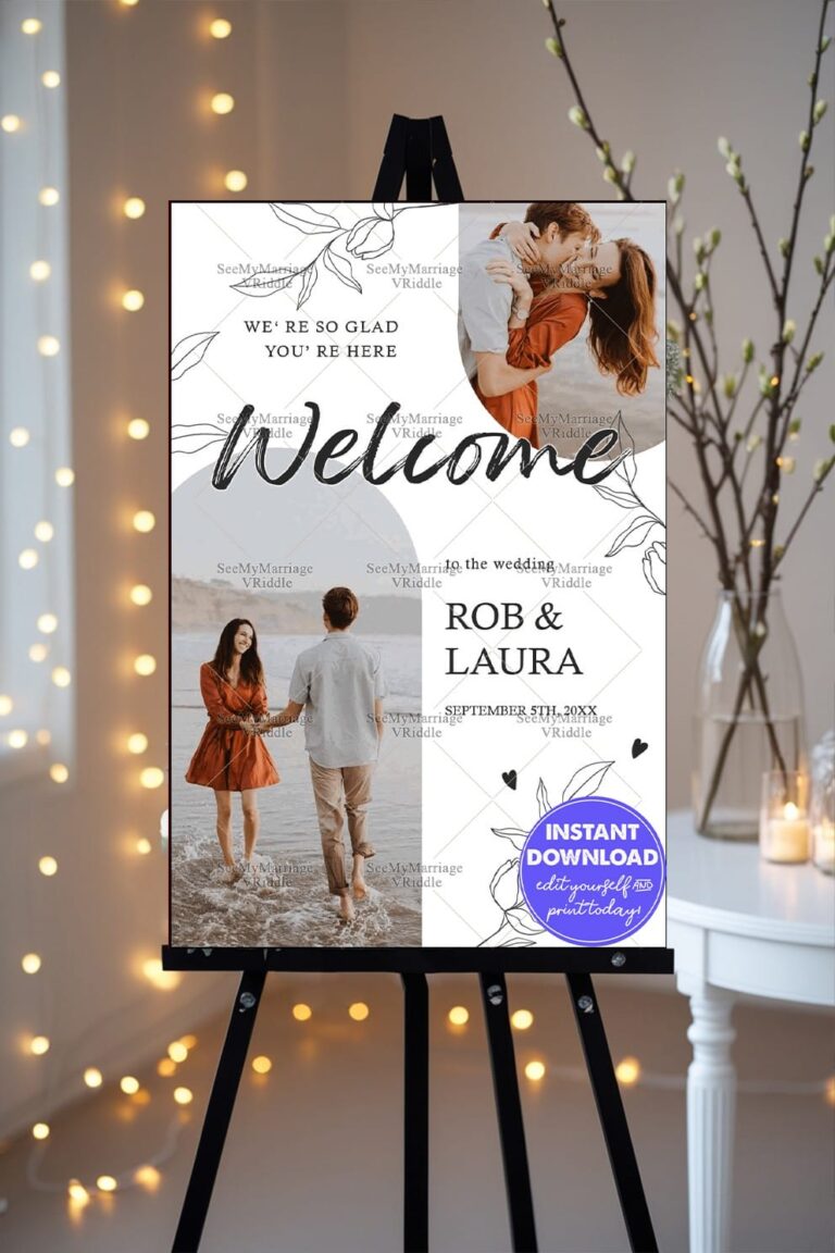 Modern Wedding Welcome Banner with Minimalist Floral Illustrations and Couple Photos