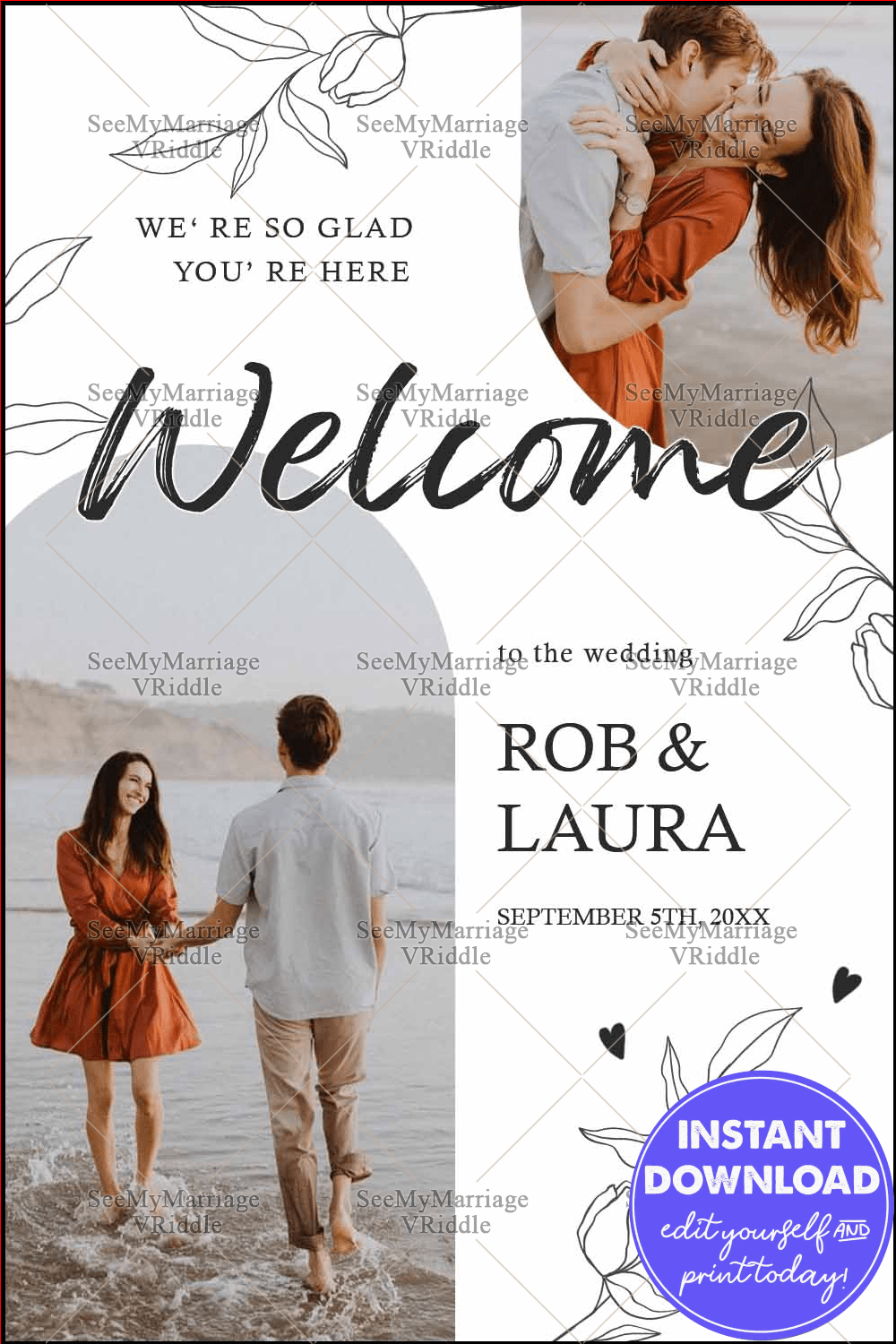 Modern Wedding Welcome Banner with Minimalist Floral Illustrations and Couple Photos