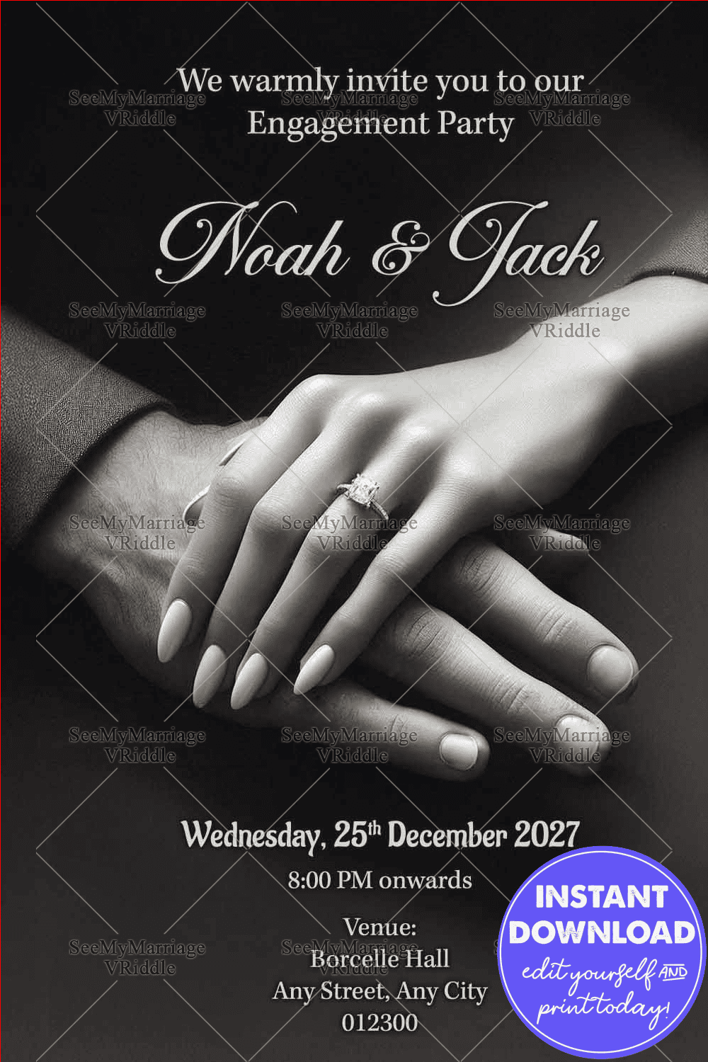 Monochrome Engagement Invitation with Hands and Sparkling Ring in Minimalistic Design