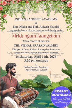 Mridangam Arangetram Invite with Lush Lotus Pond and Classical Indian Musician Illustration