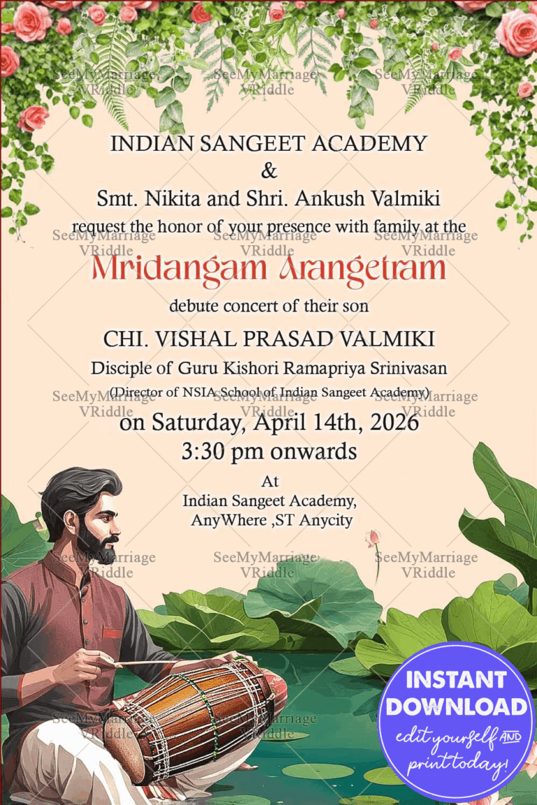 Mridangam Arangetram Invite with Lush Lotus Pond and Classical Indian Musician Illustration