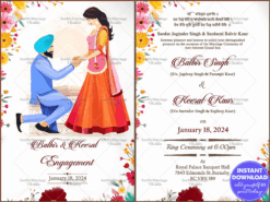 Multicolored Floral Border Engagement Invitation and Ring Ceremony with Romantic Couple Design
