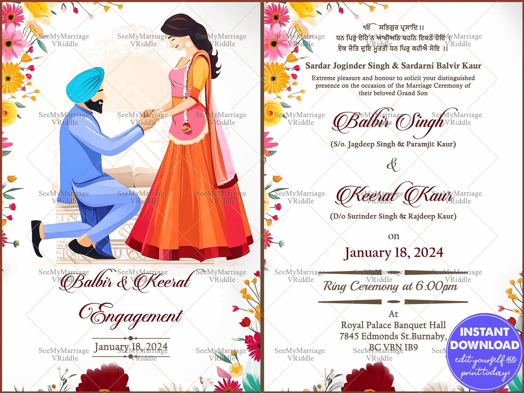 Multicolored Floral Border Engagement Invitation and Ring Ceremony with Romantic Couple Design