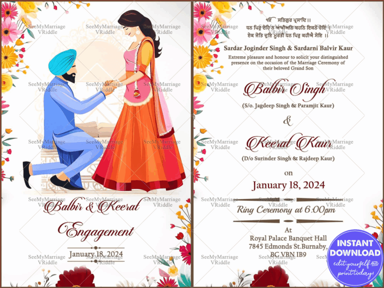 Multicolored Floral Border Engagement Invitation and Ring Ceremony with Romantic Couple Design