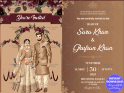 Muslim Wedding Invitation with Traditional Attire Illustration and Floral Burgundy Accents