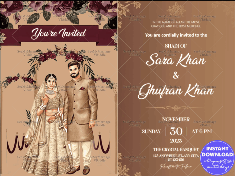 Muslim Wedding Invitation with Traditional Attire Illustration and Floral Burgundy Accents