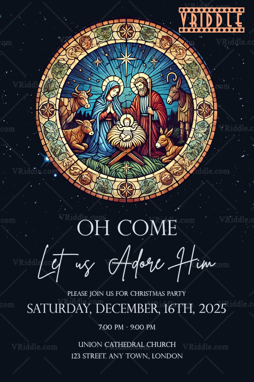 Nativity Scene Christmas Invitation Stained Glass Style with Holy Family Design