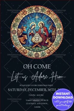 Nativity Scene Christmas Invitation Stained Glass Style with Holy Family Design