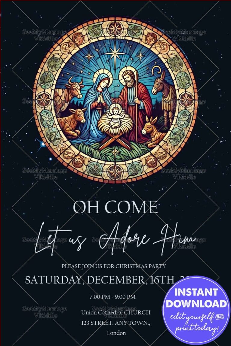 Nativity Scene Christmas Invitation Stained Glass Style with Holy Family Design