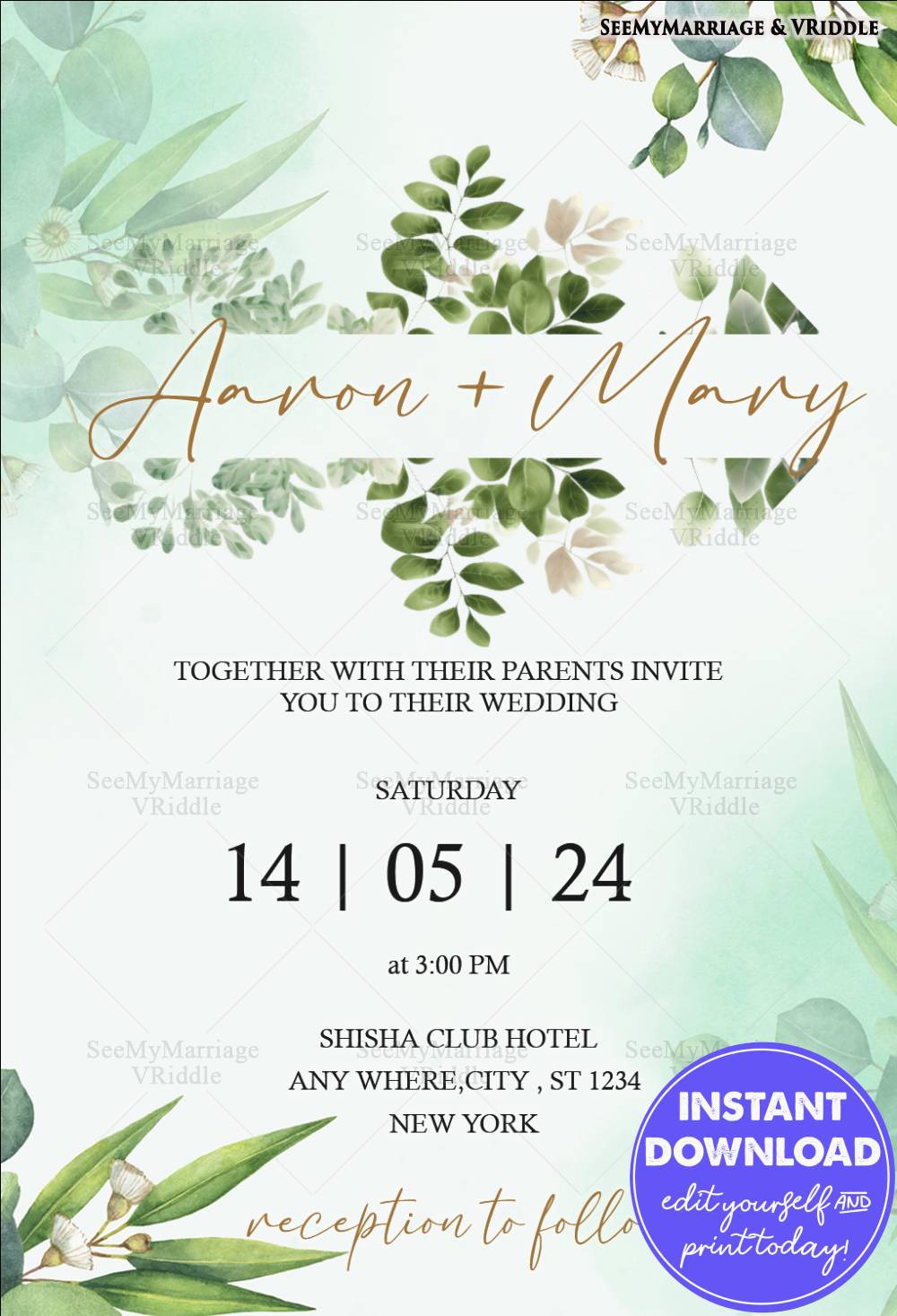 Nature-Inspired Wedding Invitation with Botanical Design and Gold Highlights