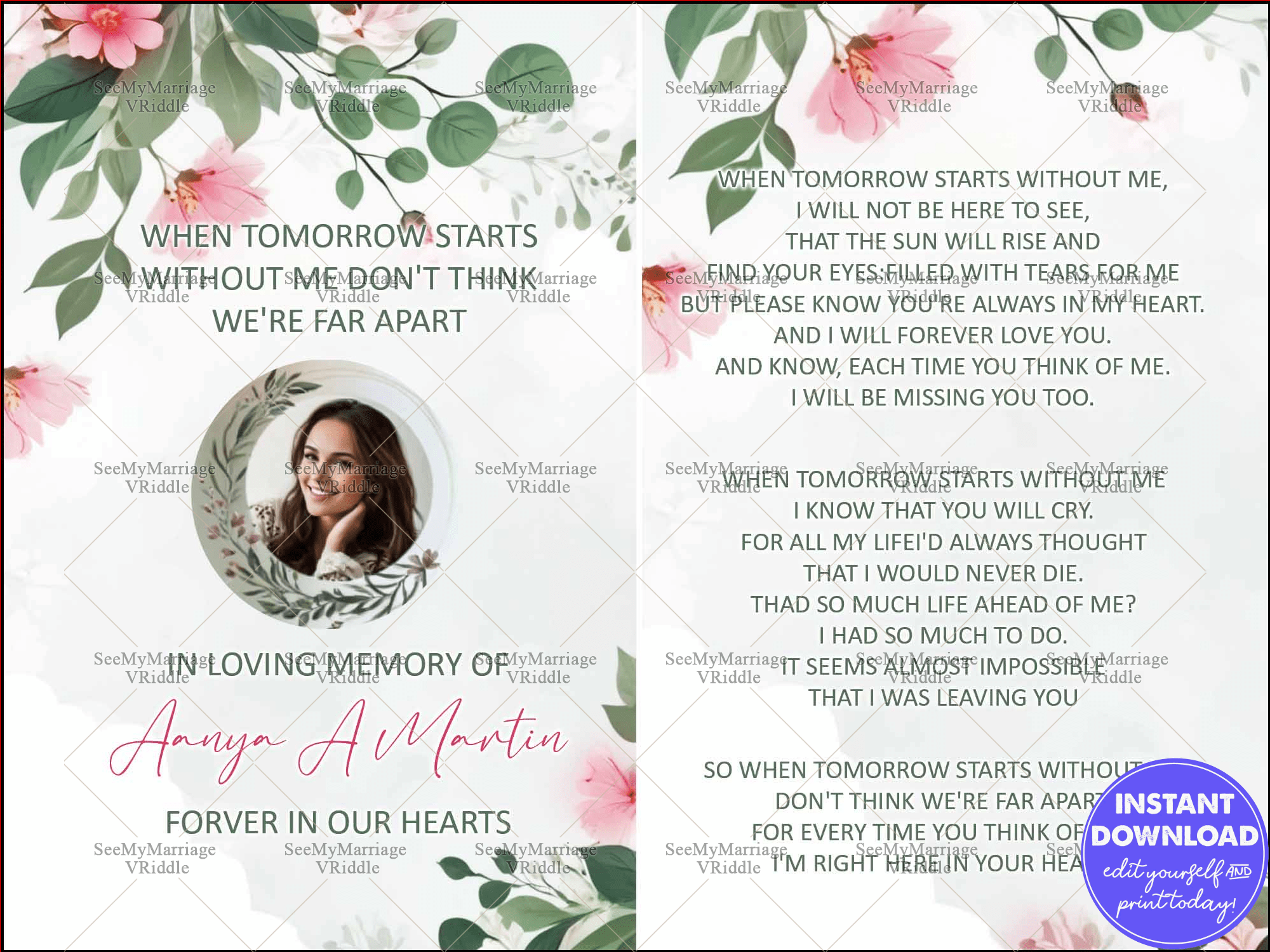 Nature-Themed Memorial Card with Watercolour Accents and Heartfelt Poem for a Cherished Loved One