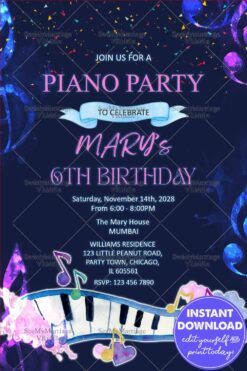 Navy Blue Piano Party Birthday Party Invitation for a 6th Celebration with Watercolor Music Notes and Confetti