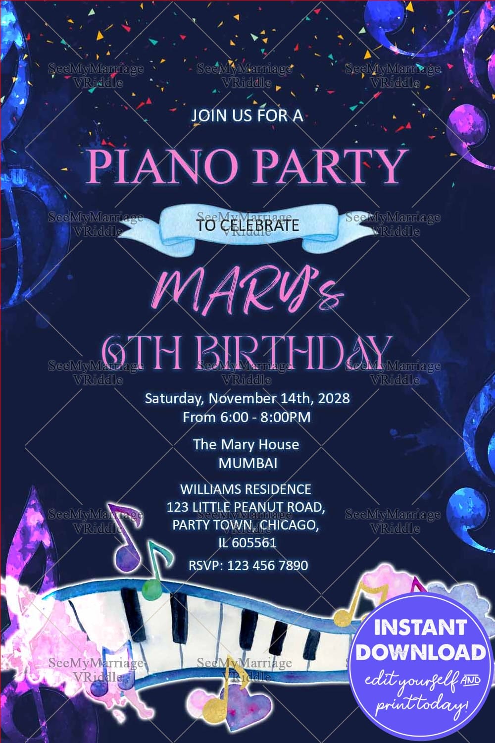 Navy Blue Piano Party Birthday Party Invitation for a 6th Celebration with Watercolor Music Notes and Confetti