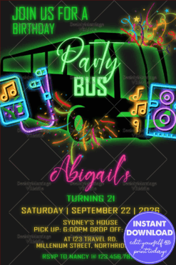 Neon-Themed 21st Birthday Party Invitation with Vibrant Graphics and Party Bus Celebration