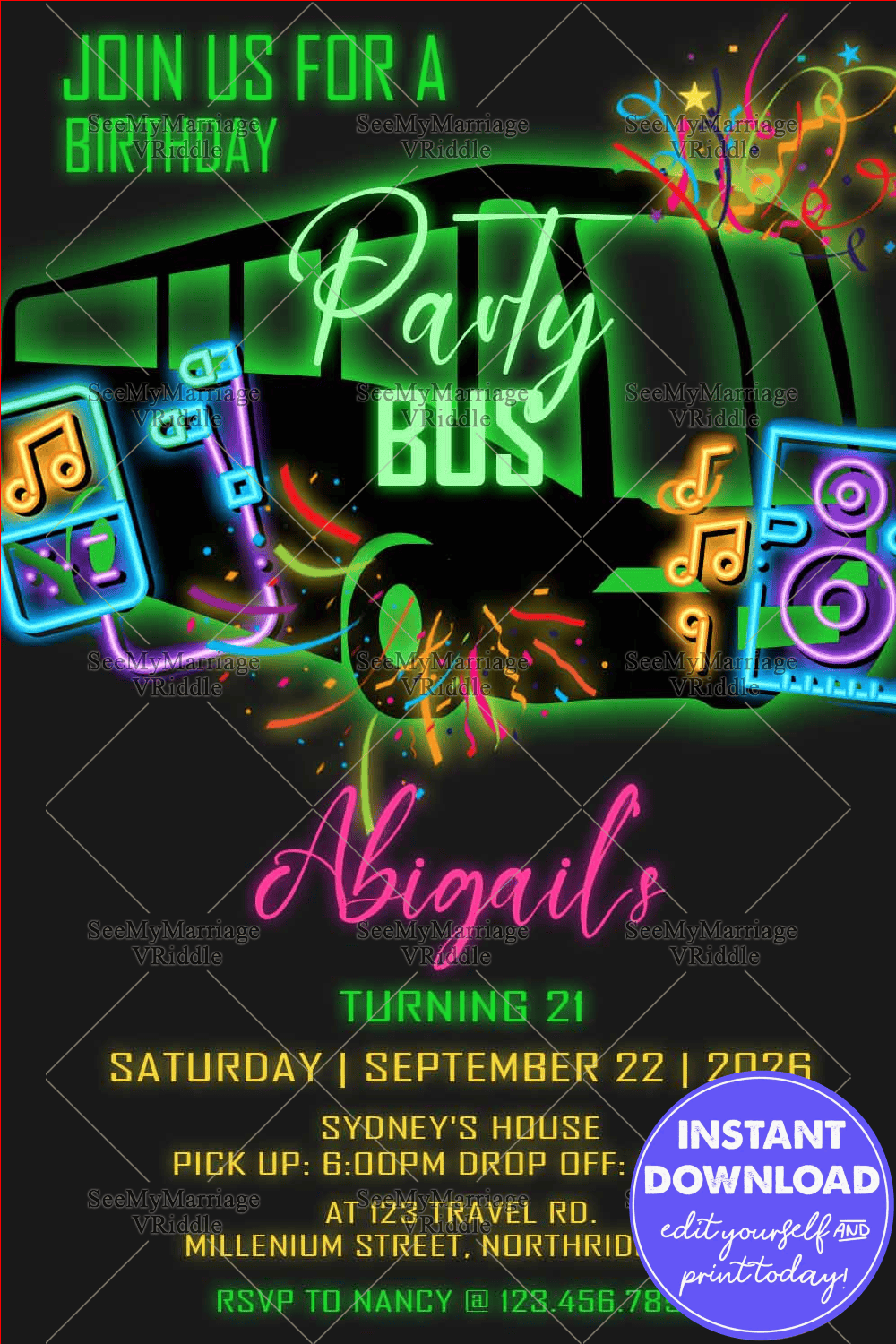 Neon-Themed 21st Birthday Party Invitation with Vibrant Graphics and Party Bus Celebration
