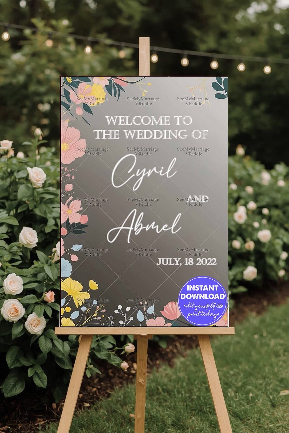 Neutral Gray Background Wedding Welcome Banner with Pastel Flower Illustrations