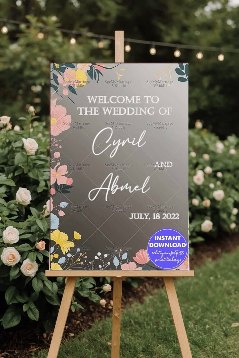 Neutral Gray Background Wedding Welcome Banner with Pastel Flower Illustrations