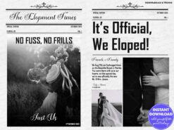 Newspaper Style Layout Elopement Announcement in Black and White with Romantic Photos