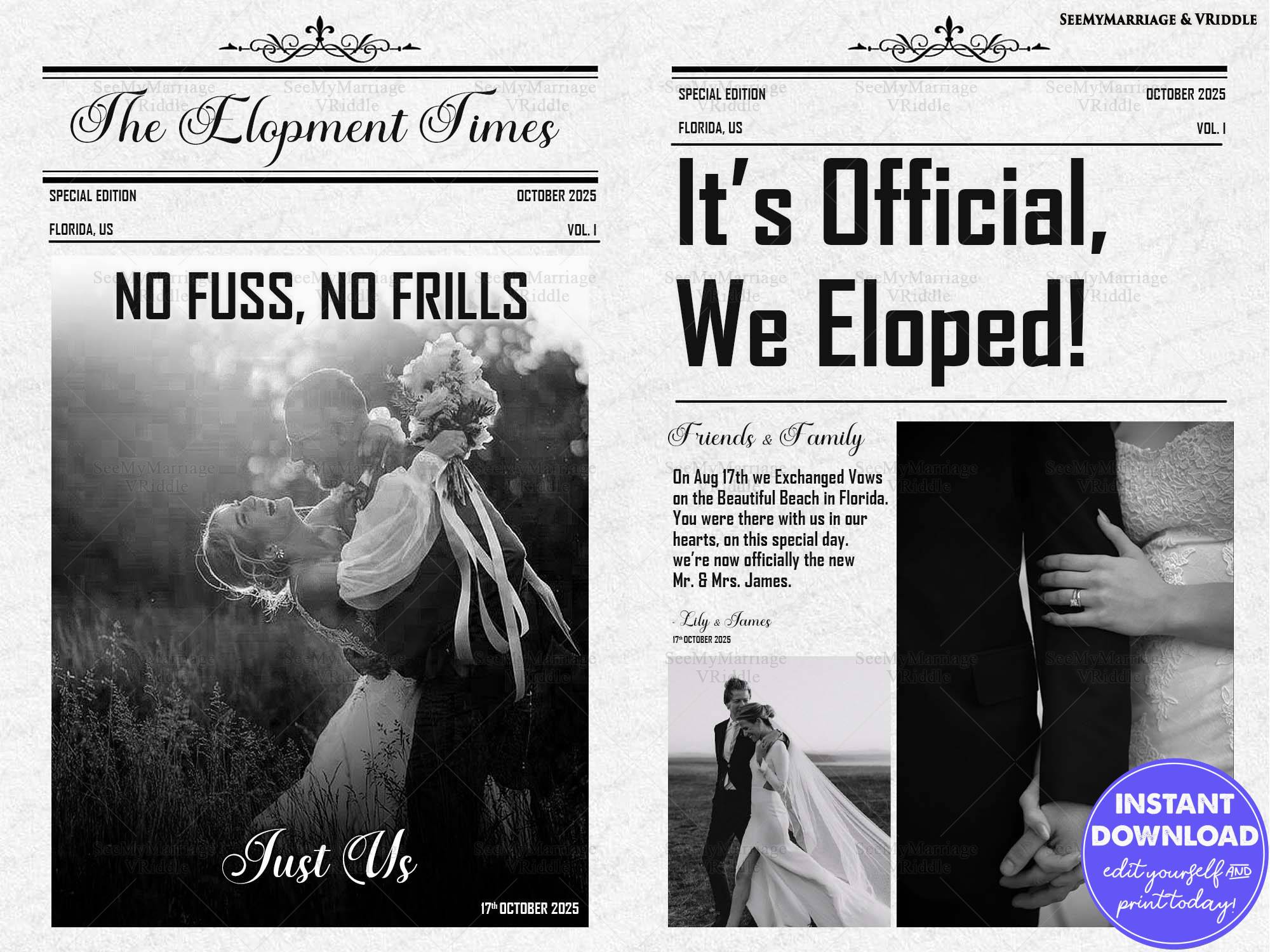 Newspaper Style Layout Elopement Announcement in Black and White with Romantic Photos