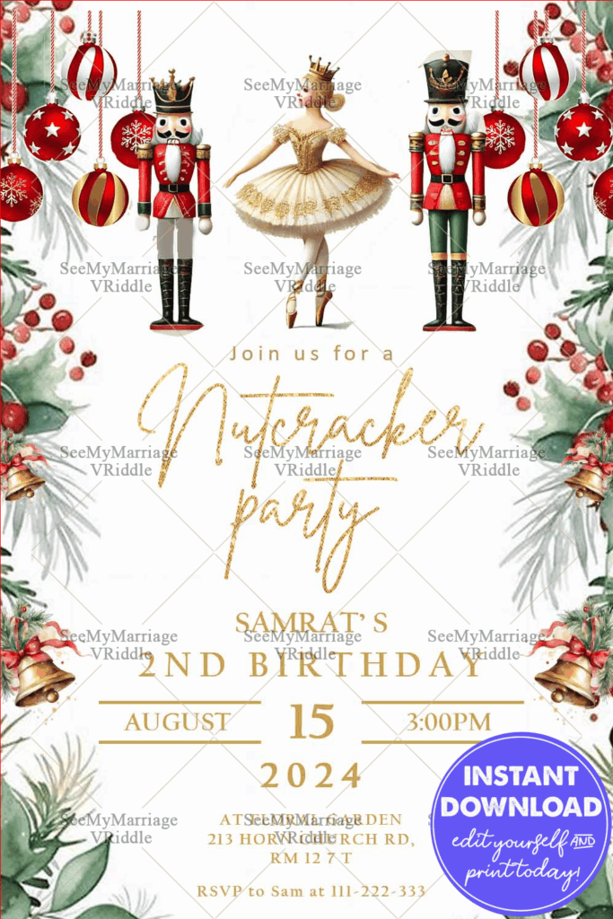 Nutcracker-Themed Birthday Invitation with Festive Holiday Decor