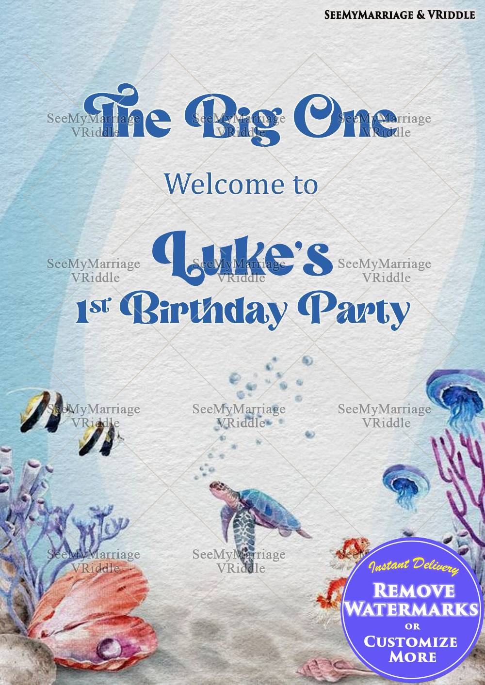 Ocean-themed 1st Birthday Invitation with Watercolor Marine Life Creatures