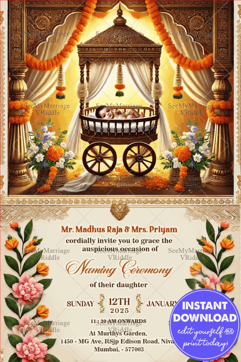 Ornate Cradle Baby Announcement with Traditional Indian Decor