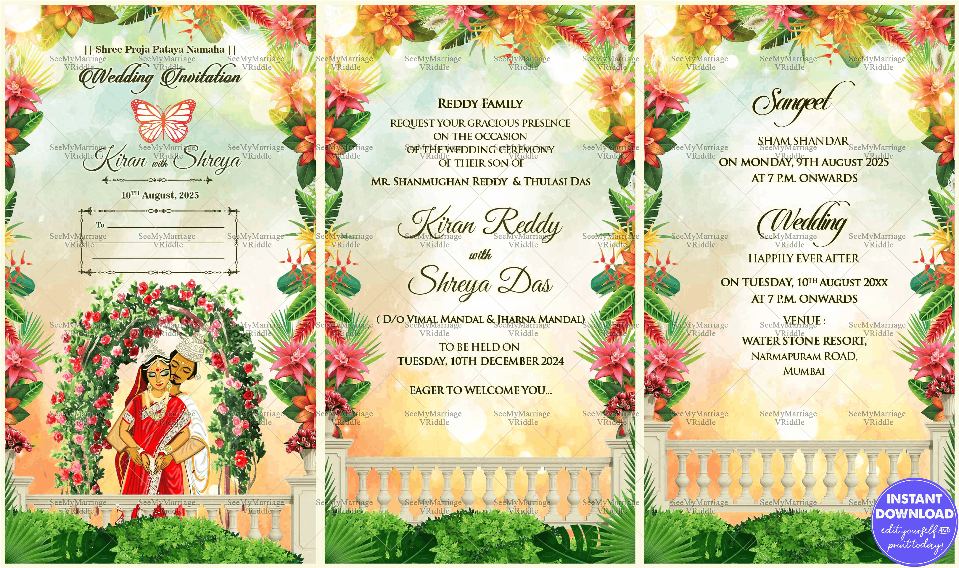 Ornate Garden Wedding Invitation with Romantic Indian Couple Illustration