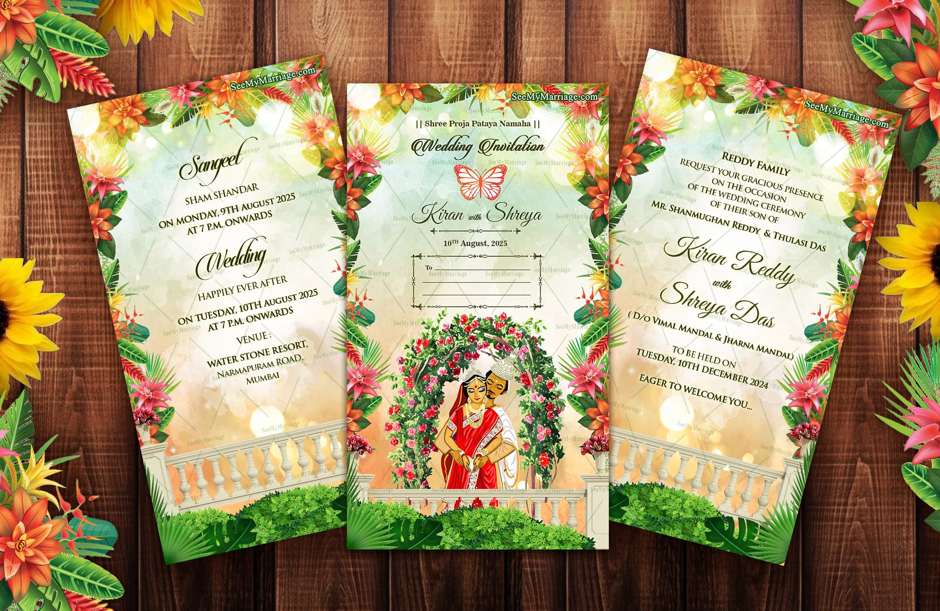 Ornate Garden Wedding Invitation with Romantic Indian Couple Illustration