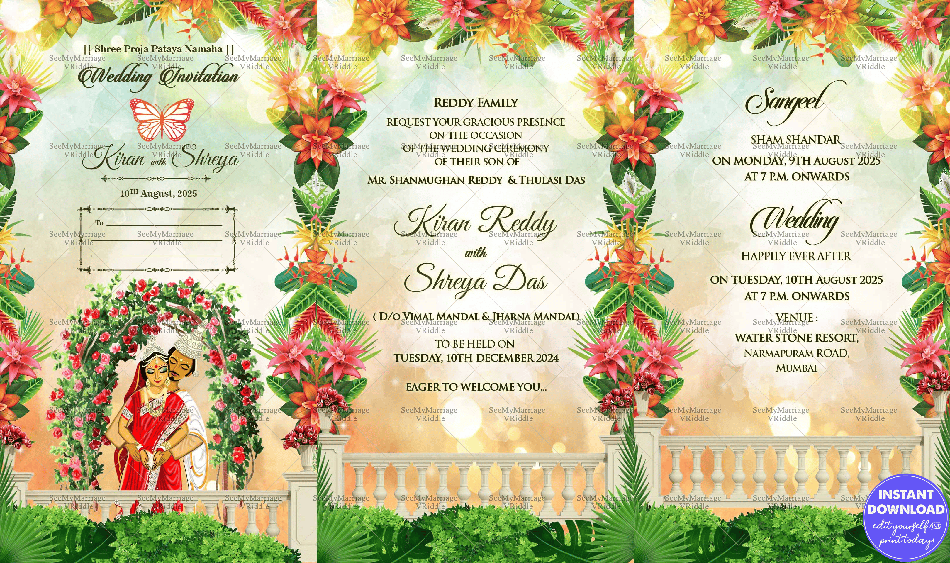 Ornate Garden Wedding Invitation with Romantic Indian Couple Illustration