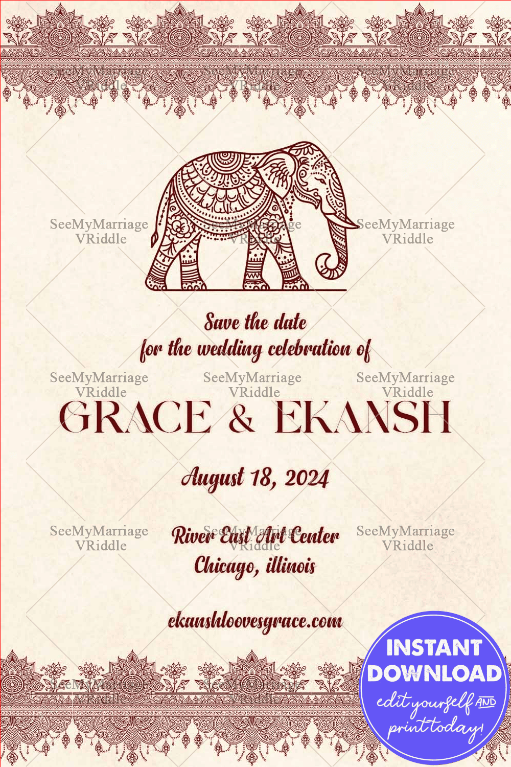 Pale Pink Indian Wedding Save-the-Date Card with Paisley Borders and Intricate Elephant Motif