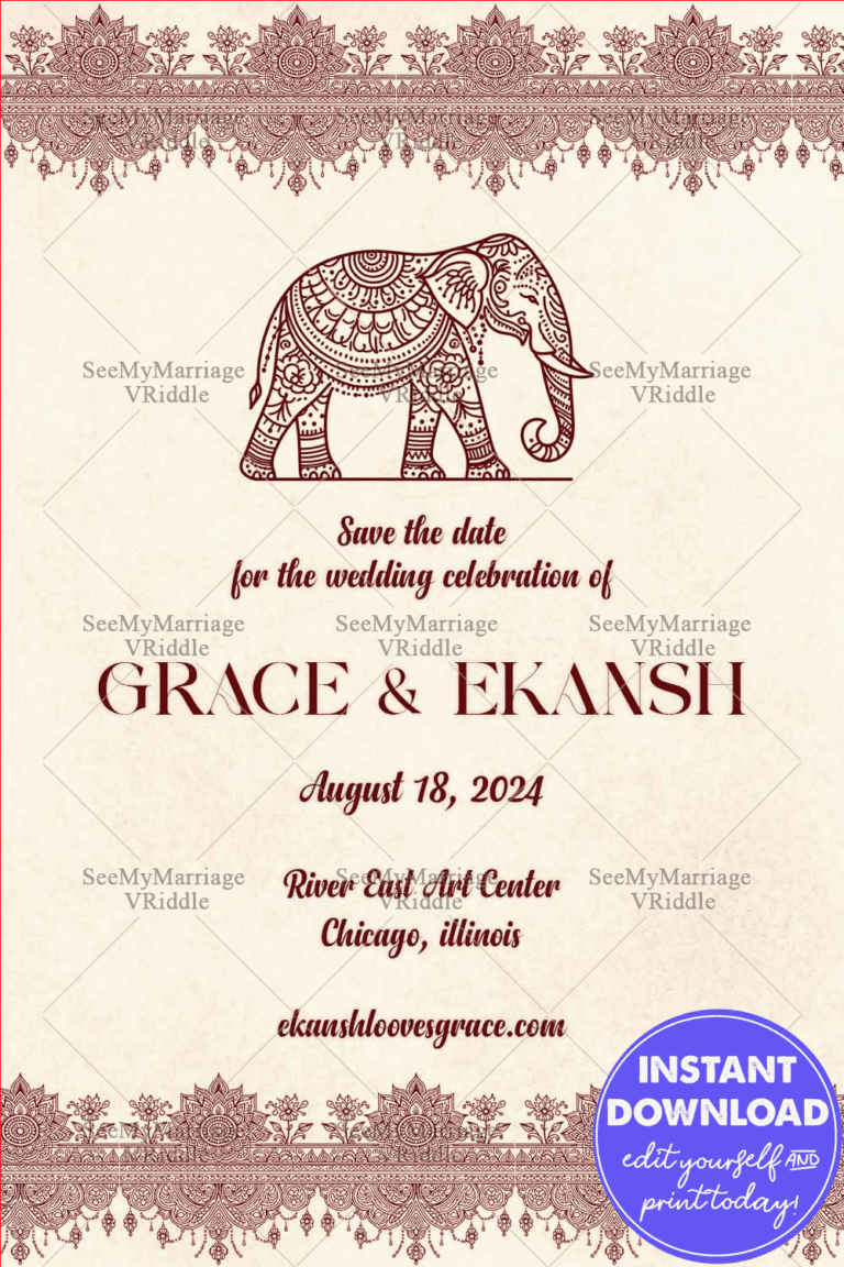 Pale Pink Indian Wedding Save-the-Date Card with Paisley Borders and Intricate Elephant Motif