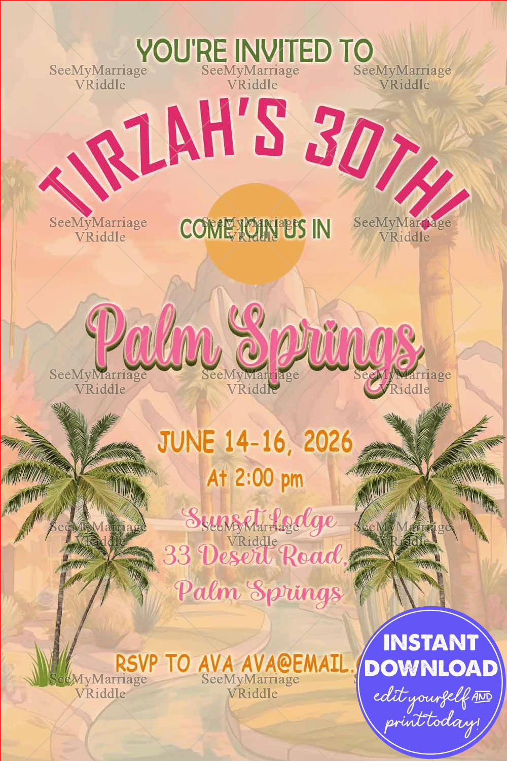 Palm Springs-Themed 30th Birthday Invitation with Pastel Desert Illustration and Retro Typography