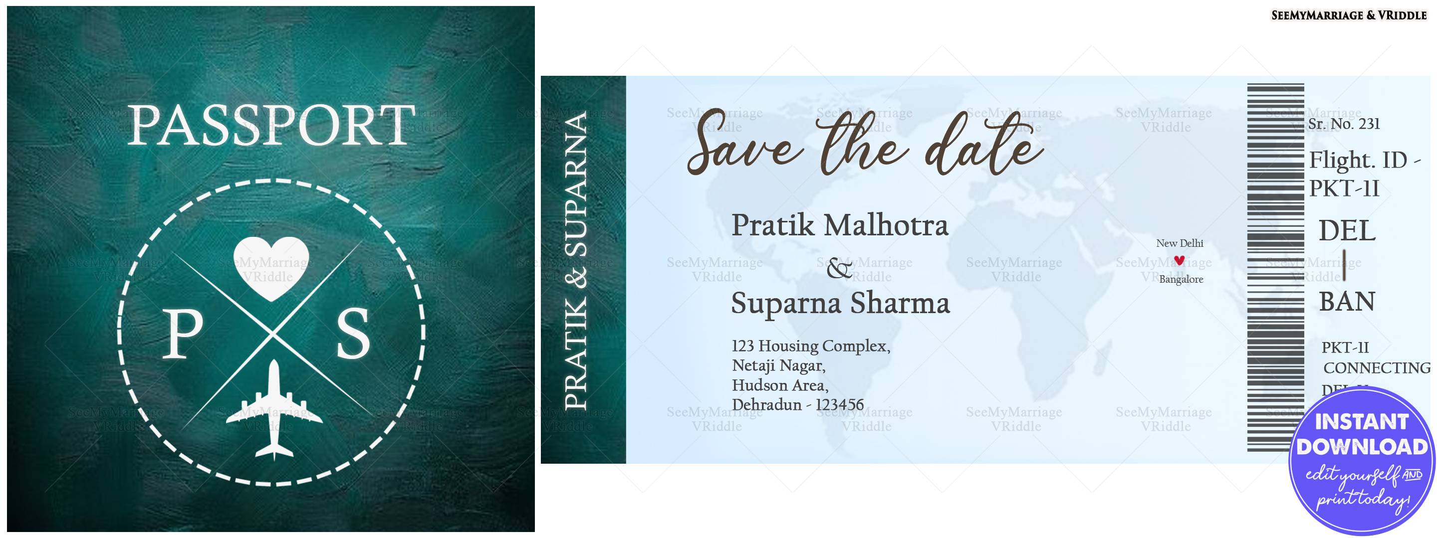 Passport-Themed Save the Date Invitation with Boarding Pass Design for Wedding Details