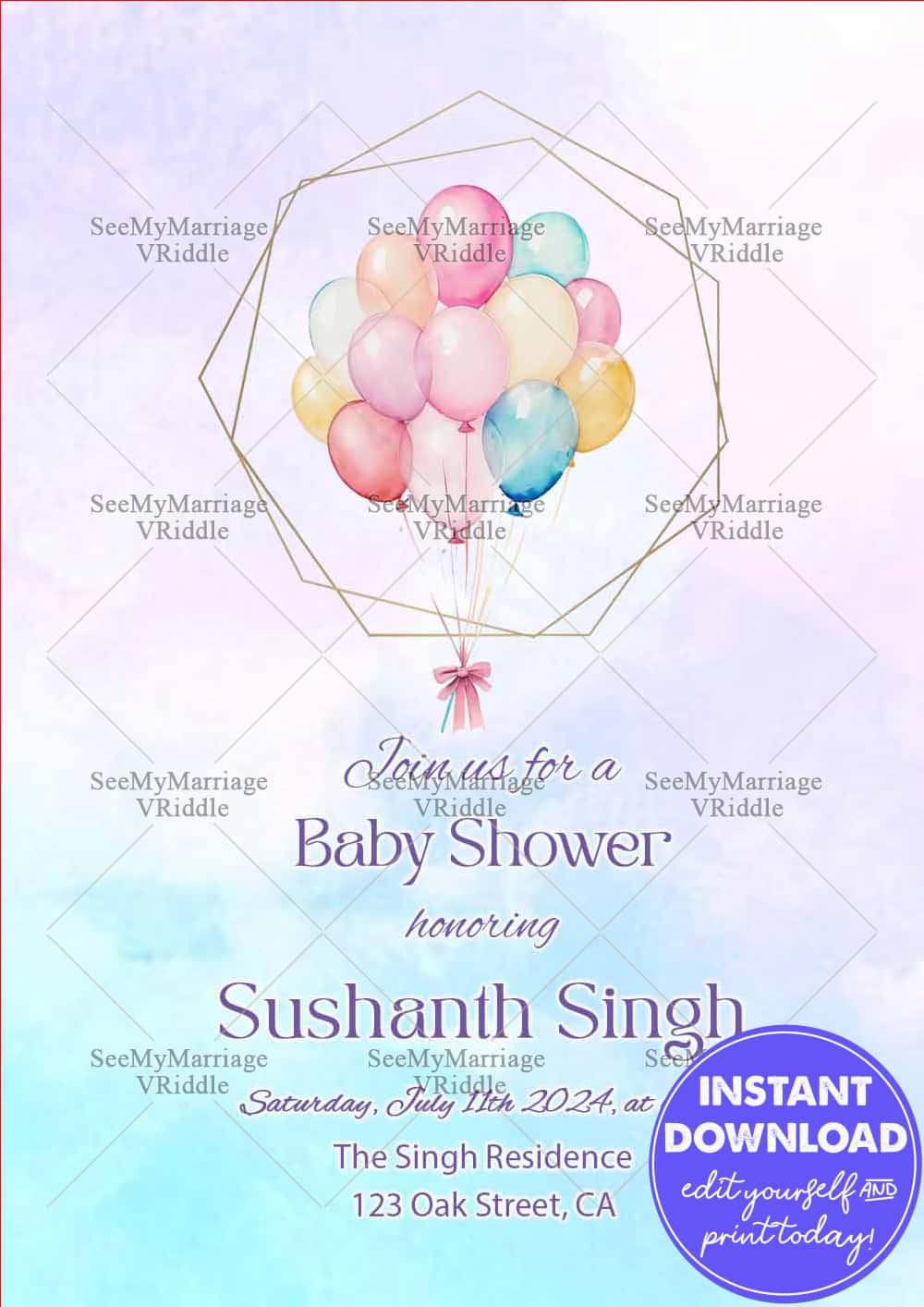Pastel Balloons Baby Shower Invitation Elegant Geometric Frame Design