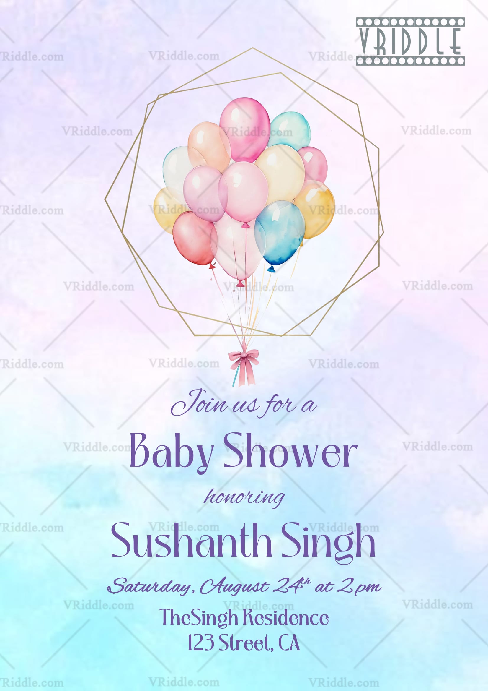 Pastel Balloons Baby Shower Invitation Elegant Geometric Frame Design